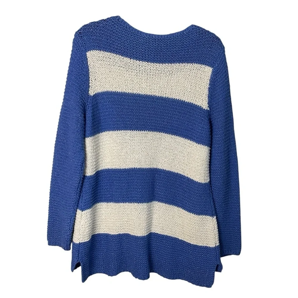 Chico’s Size 2 Blue White Striped Sweater NWT Horizontal Knit Long Slee